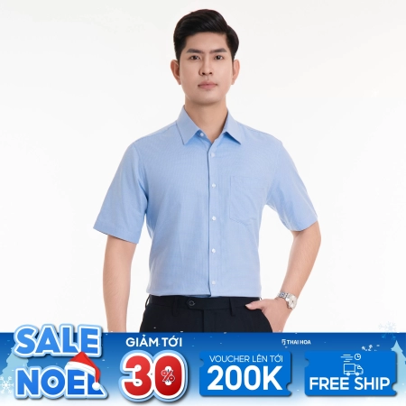 Áo sơ mi nam ngắn tay 23ASM-991 trung niên thiết kế 2 màu trắng xanh kẻ nhuyễn Thái Hoà