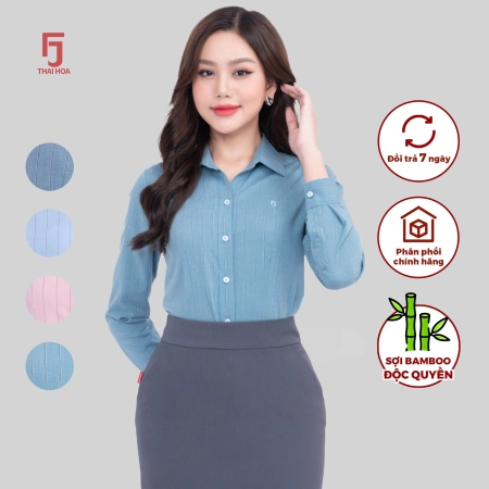 Áo sơ mi nữ Thái Hòa thiết kế công sở dài tay phủ nano kẻ sọc form đẹp 23ASW-105