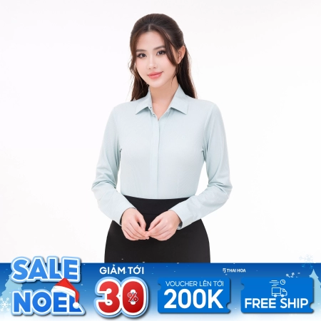 Áo sơ mi nữ dài tay chất liệu sợi than tre vải kẻ sọc nhỡ nẹp khuy cao cấp Thái Hòa 24ASW-251