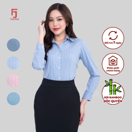 Áo sơ mi dài tay phủ nano bạc kẻ sọc công sở Thái Hòa 23ASW-107